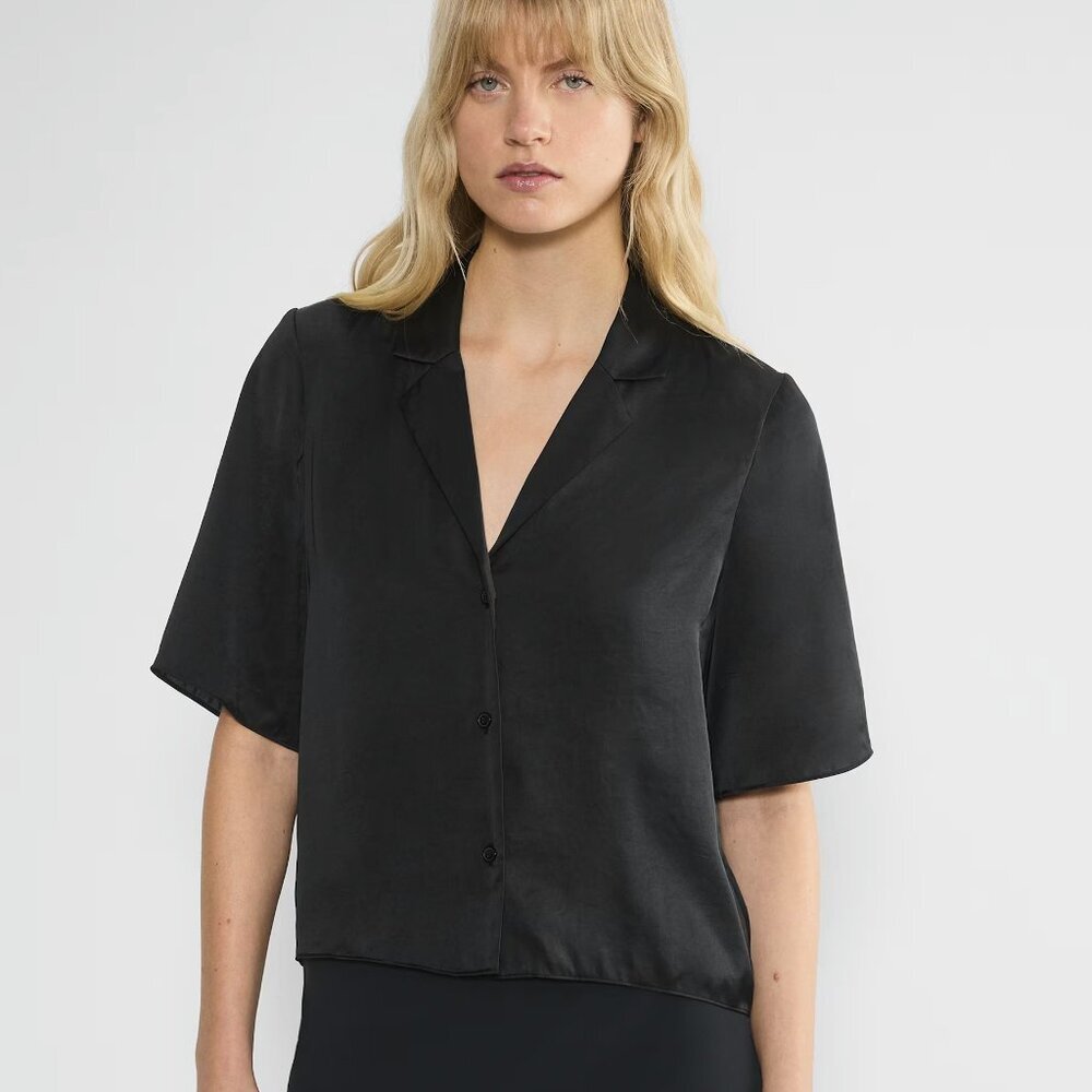 Aritzia Wilfred Beso Satin Button Up Top Short Sleeve Black Size 2X NWT $98 - Picture 2 of 14